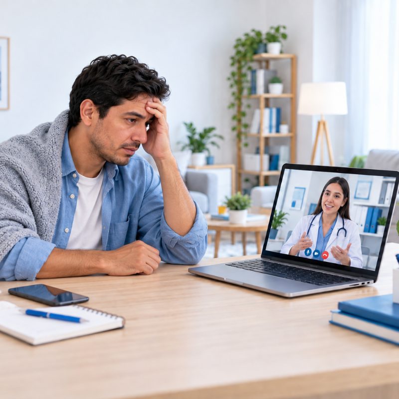 Paciente en consulta médica virtual por videollamada con una doctora colegiada