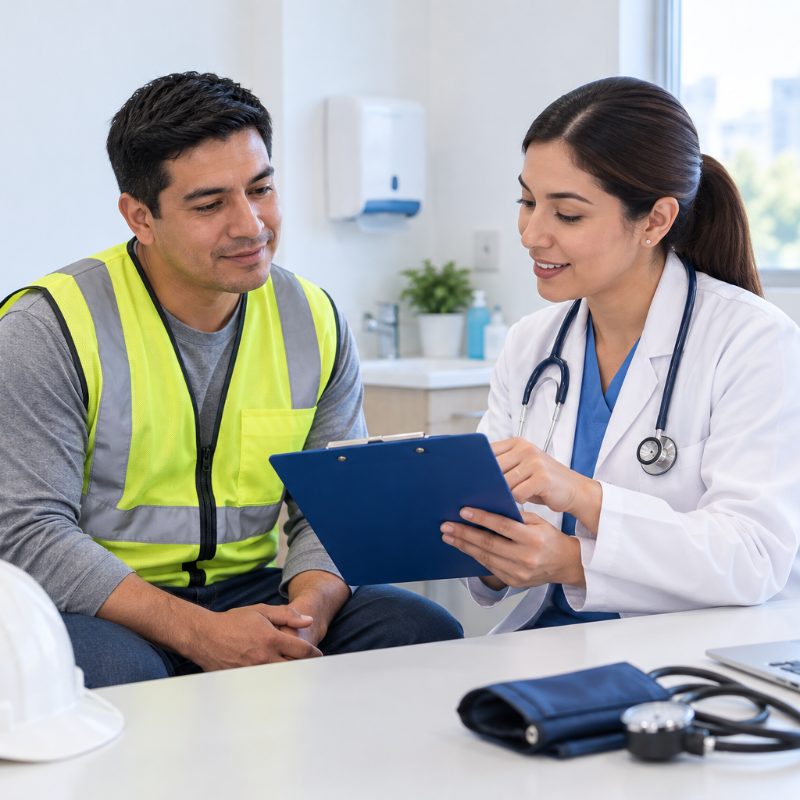 Médico revisando el examen médico ocupacional (EMO) de un trabajador para levantar observaciones
