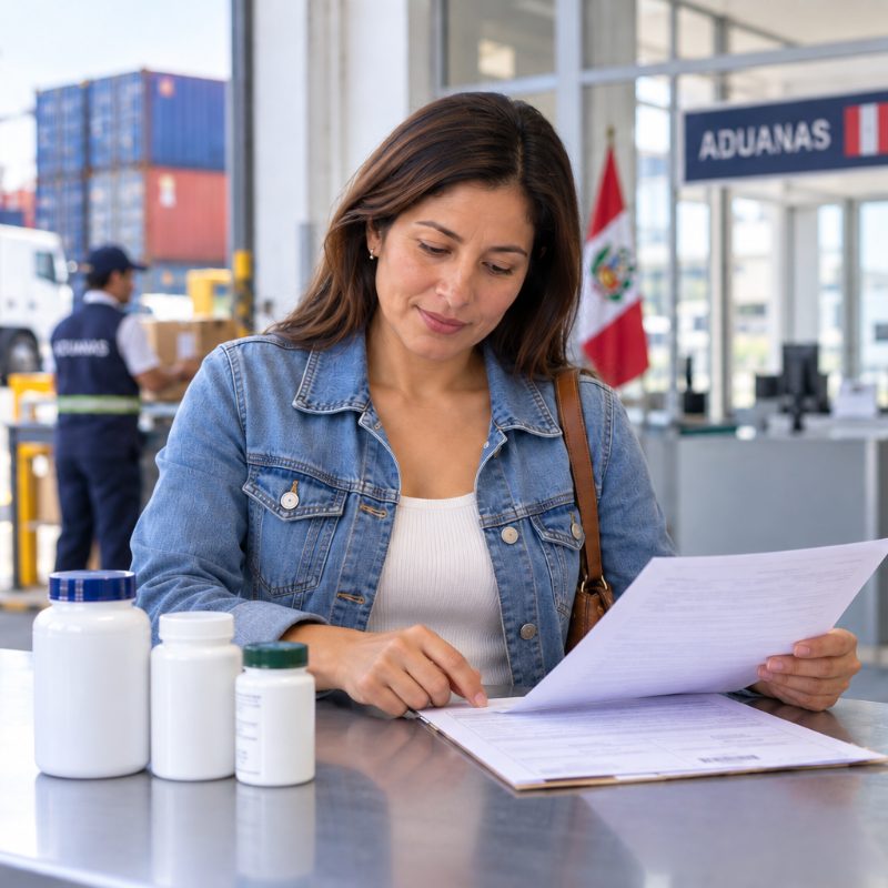 Mujer revisando documentos en aduanas para el permiso DIGEMID de vitaminas y suplementos importados